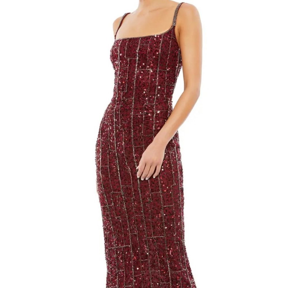 Mac Duggal Burgundy Beaded Square Neck Midi Dress
